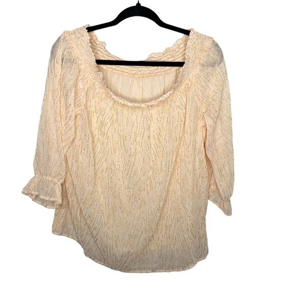 NEW YORK & CO / peach gold shimmer off the shoulder sheer blouse / XL - Picture 1 of 7